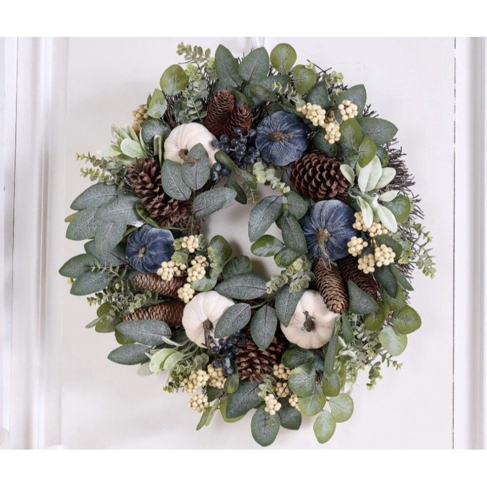 Home Reflections 24" Autumn Pumpkin & Leaf Wreath - Blue And Green